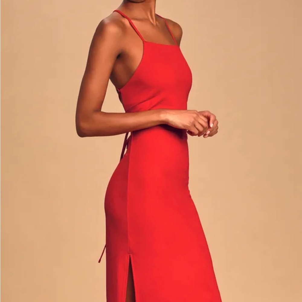 Lulus Sultry Touch Red Lace-Up Midi Dress